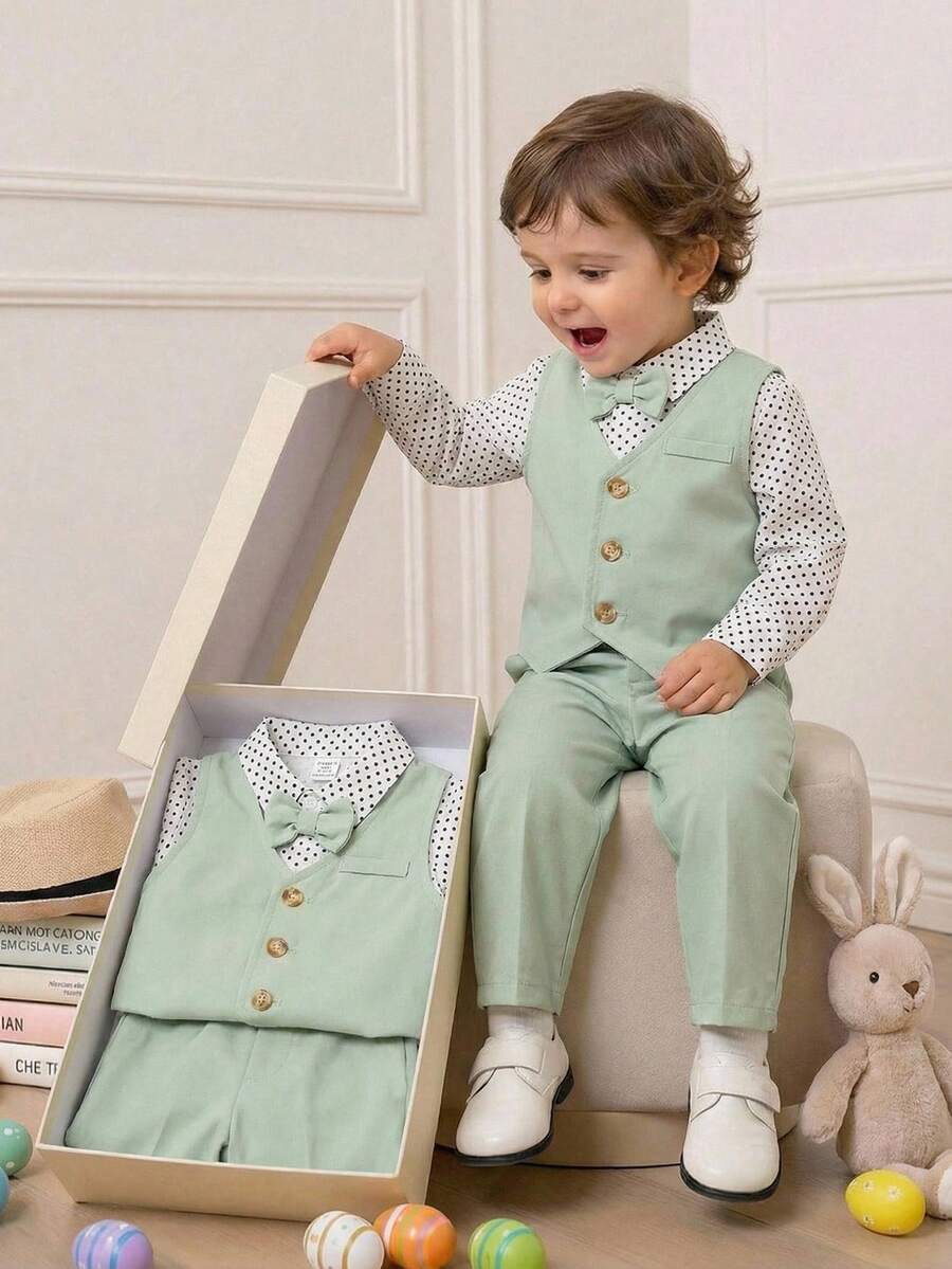 SHEIN 男婴优雅绅士套装,3件套,包括白色波点长袖Polo衫、浅绿色背心和裤子,适合复活节、婚礼、洗礼、一周岁生日、婴儿派对等场合。 - 綠色 - 查看 1