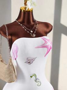 Amplova 2026 New Vacation Strapless Ocean Element Print Strapless Waist-Cinching Women's Jumpsuit - White - View 5