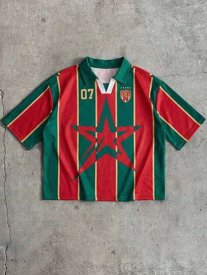 AXEPEAK Men's Casual Sports Fashion Street Star & Striped Print Short Sleeve Polo Shirt, Summer