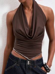 ATUI Studio Blusa de mujer de unicolor con bajo asimétrico, cuello halter y espalda descubierta - Café integral - Ver 2