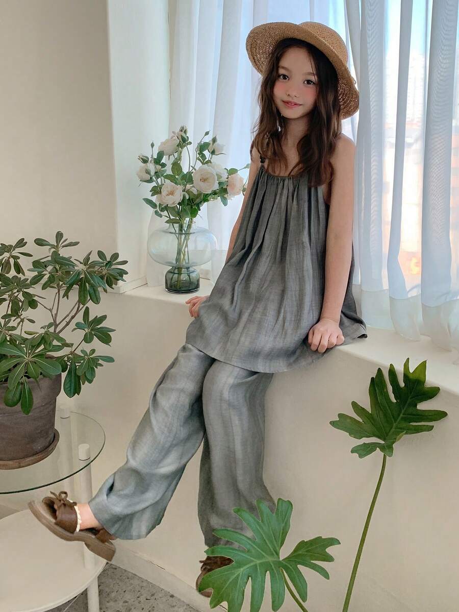 DAZY 少女度假休闲吊带背心和阔腿裤套装 - 灰色 - 查看 1