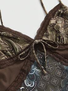 ROMWE Country Plus Size Vintage Hippie Paisley Floral Patchwork Fabric Waist Cinched Camisole - Brown - View 2