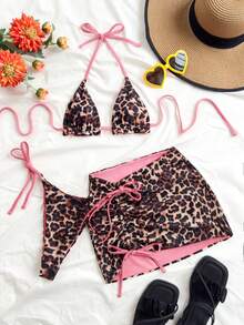 Soleia Women's Leopard Print & Red Color Bikini 3 Pieces Set , Vacation Beach Vacation Outfits For Women - Baby Pink - View 4