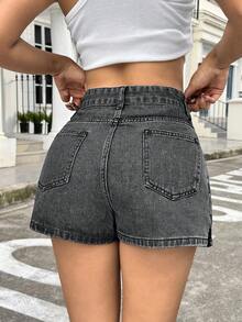 SHEIN ICON 女士高腰带口袋休闲百搭牛仔短裙 - 灰色 - 查看 3