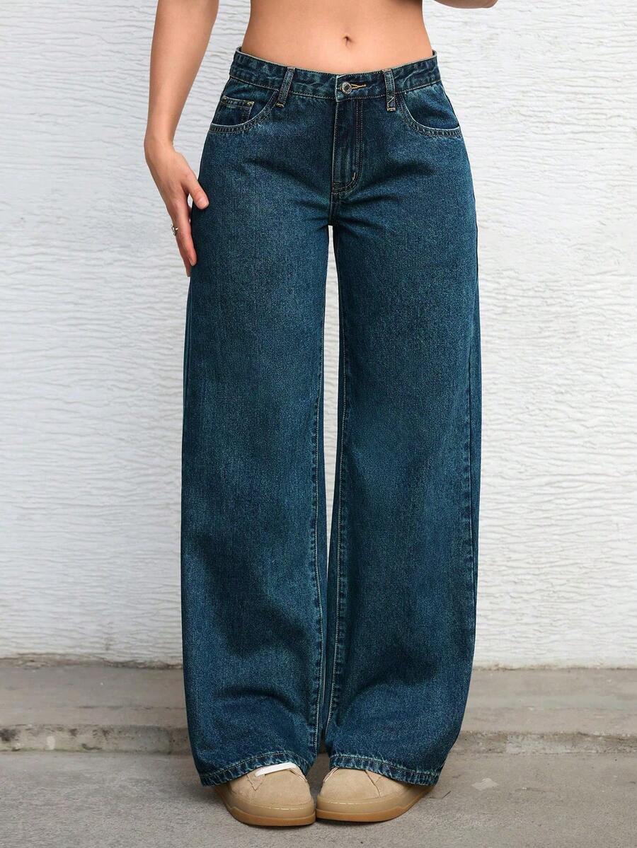 SHEIN ICON 女士宽松口袋阔腿休闲百搭牛仔裤 - 藍色 - 查看 1