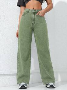 SHEIN ICON Women's Loose Fit Pockets Wide Leg Casual Versatile Denim Jeans - Green - View 8