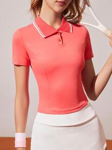 Gameset SHEIN Sport Women's Contrast Collar Short Sleeve Casual Sports Polo Shirt - Orange - View 3