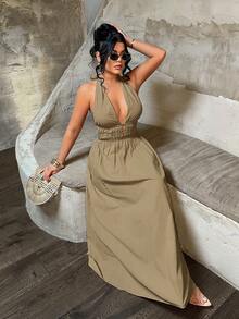 SHEIN SXY Women's Solid Color Deep V Neck Ruched Design Sexy Dress,Summer Dresses For Women - Khaki - View 4