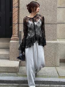 FRIFUL Women's Round Neck Cardigan With Ruffled Hem Contrast Lace Blouse Long Sleeve Tops Women - Black - View 3