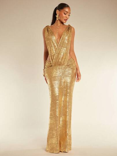 Silquee Đầm ôm sát không tay khoét eo bằng kim loại dành cho nữ