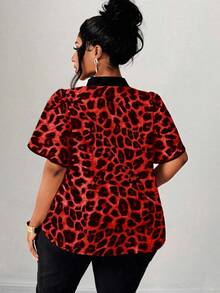 Maweii Plus Size Women's Elegant Romantic Heart Print Blouse With Bow Collar, Ruffle Trim And Contrast Color Design, New Spring/Summer - Multicolor - View 2