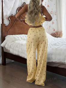 SHEIN 女士泡泡褶皱条纹樱桃印花吊带背心和裤子睡衣套装 - 黃色 - 查看 2