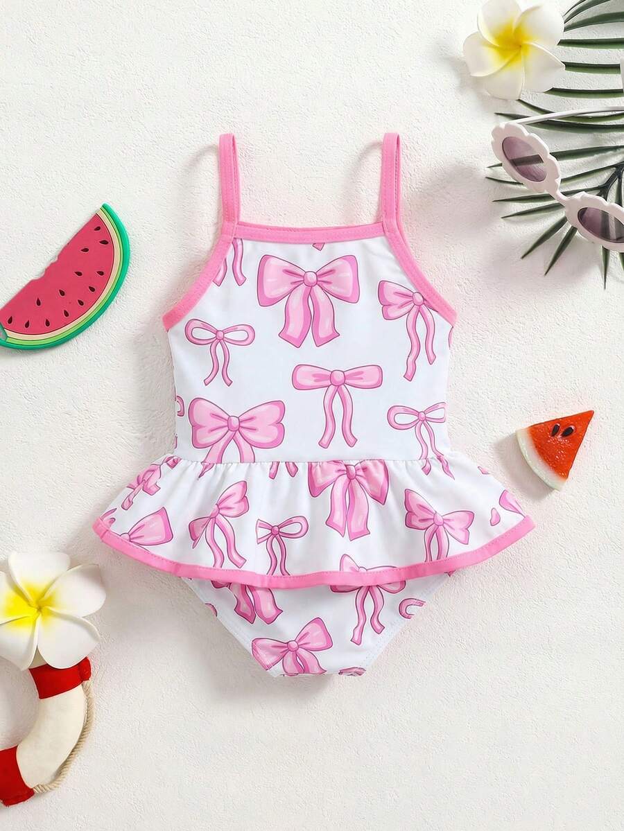 SHEIN 女婴蝴蝶结装饰修身休闲泳衣 - 彩色 - 查看 1