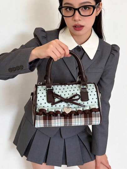 Joivida 1Pc Sweet Bow Lace Trim Polka Dot Bag – Women's Fashion Shoulder Underarm Handbag