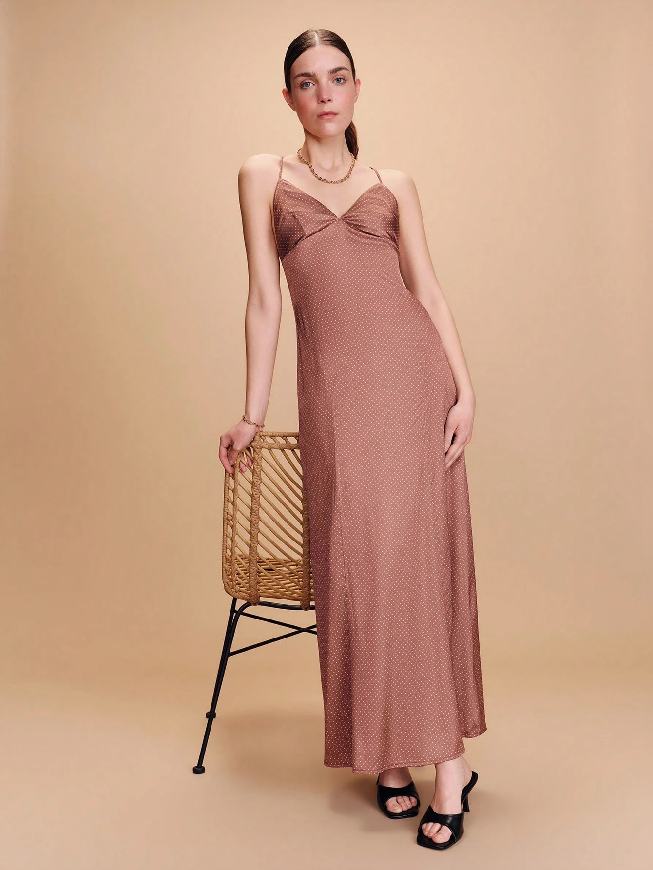 Maxi Dot Slip Dress With Triangle Cups And Open Back Polkadot Evening Dress Vacation Dress Holiday Dress Date Night Dress Spring Summer French Style Parisian Style Womens Talk Dress