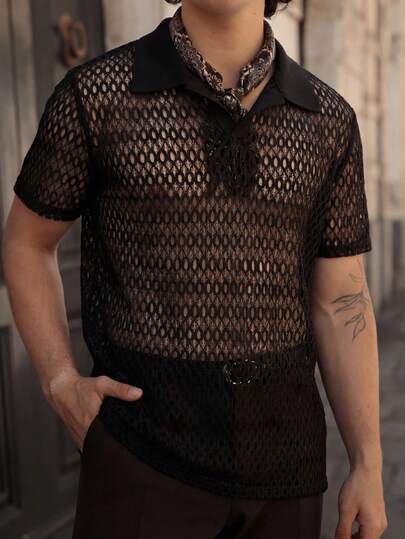 HIMLAND Men's Solid Color Hollow Out Short Sleeve Shirt