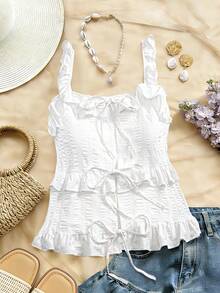 Roelina New Summer Women's French Elegant Ruffle Tie Strap Cropped Camisole - White - View 1