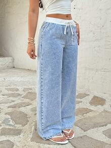Rivivi Casual Elastic Waist Drawstring Straight Leg Jeans - Light Wash - View 3