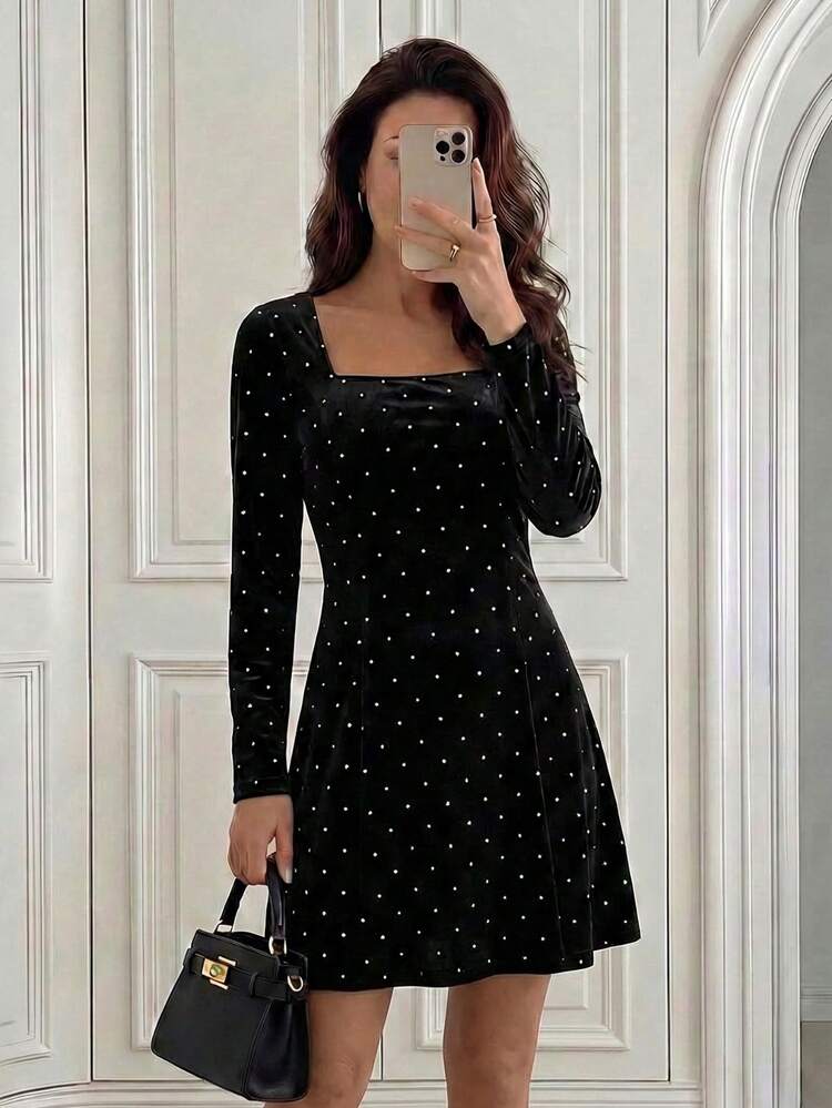 Women's Polka Dot Print Square Neck Long Sleeve Elegant Short Dress Black Sparkle Dress Long Sleeve Elegant Dress Black Velvet Dress Cute Black Dress Black Polka Dot Dress Elegant Dresses For Women Elegant Party Dresses For Women Women Dresses Autumn Winter Black Dress,Party Dresses For Women,Christmas Party Dress