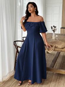 SHEIN LUNE Đầm trễ vai thanh lịch dành cho nữ cỡ lớn với họa tiết hoa 3D. - Màu xanh hải quân - Xem 5