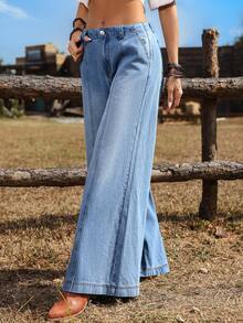 Breezaya 女士优雅牛仔阔腿裤，夏季 - 淺色水洗藍 - 查看 4