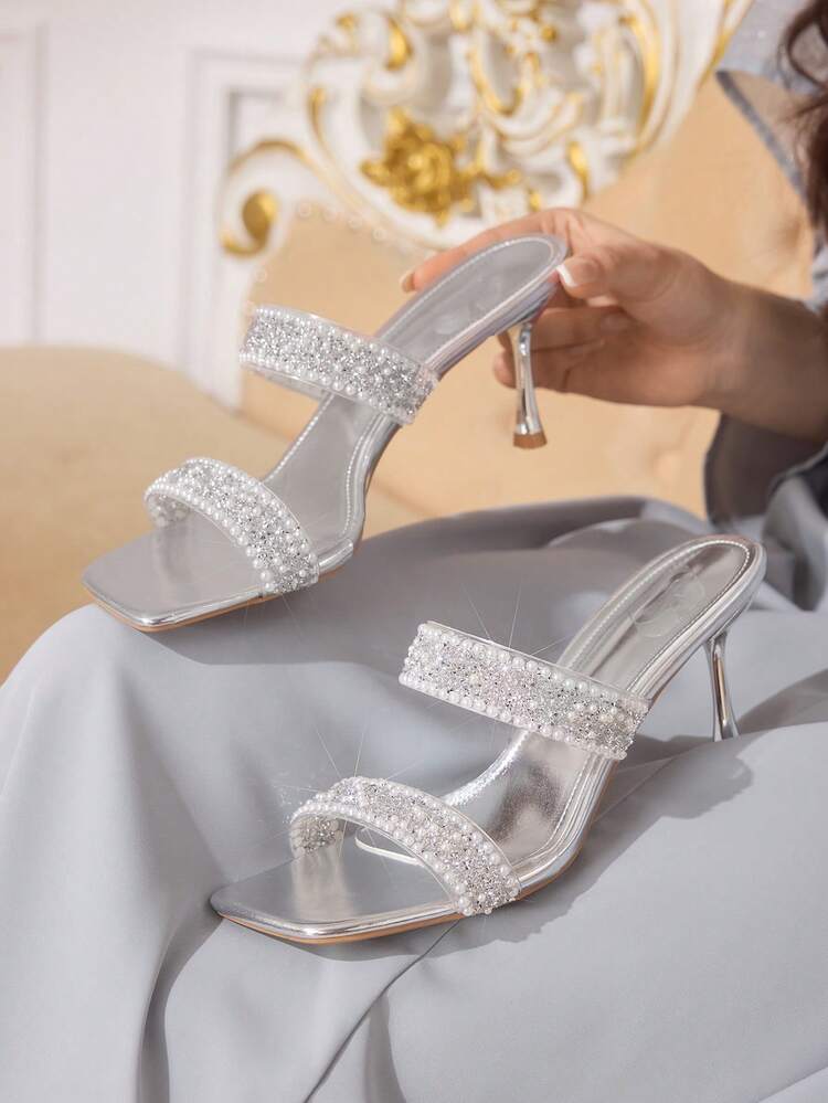 CUCCOO TILAWA Women Shoes Square Toe Slender Heel Silver Transparent Film Pearl Rhinestone Sexy Fashion Elegant Gorgeous Women's High Heel Sandals Slippers With Skirts Daily Versatile Banquet Party Women's Sandals