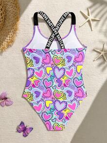 SHEIN Tween Girls Heart Print One-Piece Swimsuit, Suitable For Vacation In Summer - Multicolor - View 2