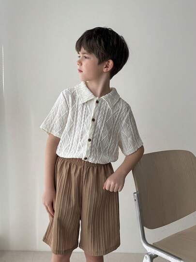 DAZY Tween Boy Textured Geometric Print Short Sleeve Shirt And Shorts Casual Set