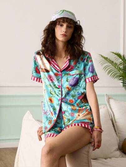 Conjunto de pijama de mujer con estampado de pájaro, ardilla, gato, conejo, flor y hoja de planta, de estilo juvenil, elegante y enérgico