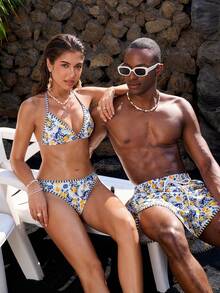 Manfinity VDAYZ 男士抽绳腰带全印花休闲沙滩短裤 - 藍白色 - 查看 3