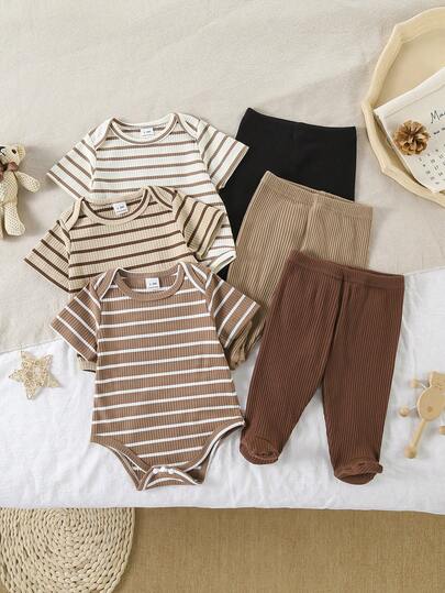 6pcs/3sets Newborn Short Sleeve Romper & Pants, Cotton Rib Knit, Beige, Black, Light Brown, Soft & Comfortable Infant Pajamas, Best Gift For Newborns