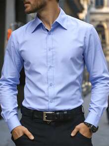 Manfinity Bizformal Men's Casual Shirt With Turndown Collar, Zina Blue - Baby Blue - View 5