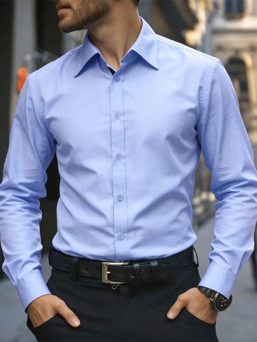 Manfinity Bizformal 男士休闲翻领衬衫，齐娜蓝 - 淺藍色 - 查看 1