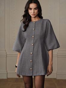 BELROSIE Women's Round Neck Single-Breasted Commuting Lantern Sleeve Dress - Grey - View 3