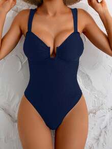 SHEIN Swim 女士纯色高衩性感连体泳衣，适合海滩度假 - 藏蓝色 - 查看 6