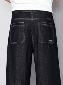 Manfinity Homme 男士复古美式刺绣宽松阔腿牛仔裤 - 深色水洗藍 - 查看 8