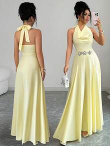 Elenzga Women's Spring/Summer Elegant Romantic Vacation Draped Neck Cinched Waist Dress, Suitable For Outings, New Year, Valentine's Day, Easter, Mother's Day, Middle Eastern Weddings, Workplace, Yellow Color - Light Yellow - View 3