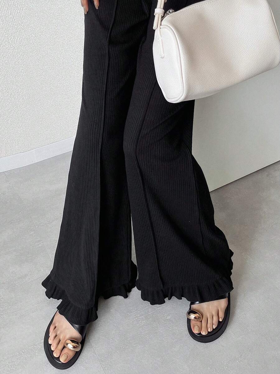 FRIFUL Pantalon évasé d'été pour femmes, couleur unie, polyvalent et décontracté - Noir - Voir 1