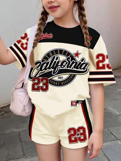 Conjunto informal de 2 piezas de niña preadolescente con parte superior de manga corta con estampado del número 23 y contraste de color, y shorts, adecuado para el verano