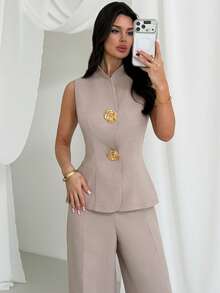 Firerie 女士春夏新款优雅亚麻竹编打结圆领收腰纽扣衬衫搭配高腰直筒阔腿裤套装，亚麻日常通勤度假装，通勤、优雅、休闲、工作服 - 杏色 - 查看 6