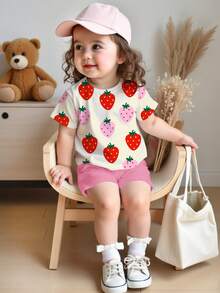 2pcs/Set Baby Girl Casual Sweet Summer Strawberry Fruit Print T-Shirt And Leggings Set, Suitable For Daily Wear, Vacation, Outings, Y2K Style, Cute - Multicolor - View 1