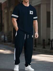 Manfinity Homme Plus Size Men's Numeric Print Round Neck Short Sleeve T-Shirt And Drawstring Waist Casual Pants Set - Navy Blue - View 5
