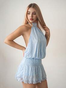 Sweetina 蕾丝花瓣袖露背迷你连衣裙 - 淺藍色 - 查看 5