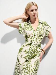 Aveloria Modichic Đầm sơ mi kiểu Bohemian cổ điển in hoa, cài cúc phía trước, xếp ly ở eo, phối màu trắng ngà và xanh ô liu, đa năng cho kỳ nghỉ thanh lịch, đi làm và mặc thường ngày. - Nhiều màu - Xem 4