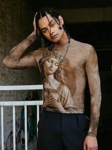 PAVTROS Men's Casual Portrait Graphic Round Neck Long Sleeve T-Shirt, Spring/Autumn Tan Graphic Tees Men Tattoo Shirt Men - Multicolor - View 4