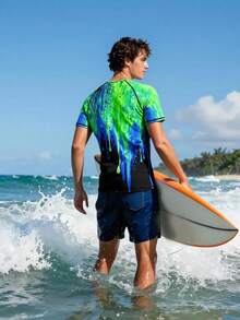 Manfinity KASUA Camiseta de protección solar con estampado de salpicaduras de tinta para hombres - Verde - Ver 2