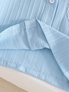 SHEIN 新款春夏女童可爱清新休闲条纹纹理面料领心形蕾丝蝴蝶结口袋衬衫 - 藍色 - 查看 5