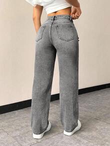 EMERY ROSE Jeans rectos ajustados y desgastados con bolsillos para mujer - Gris - Ver 3