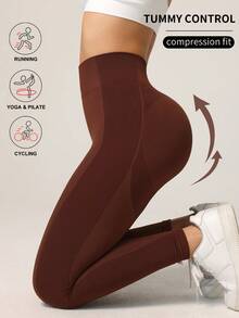 Seamluxe SHEIN Sport 纯色高腰紧身瑜伽裤 - 棕色 - 查看 1