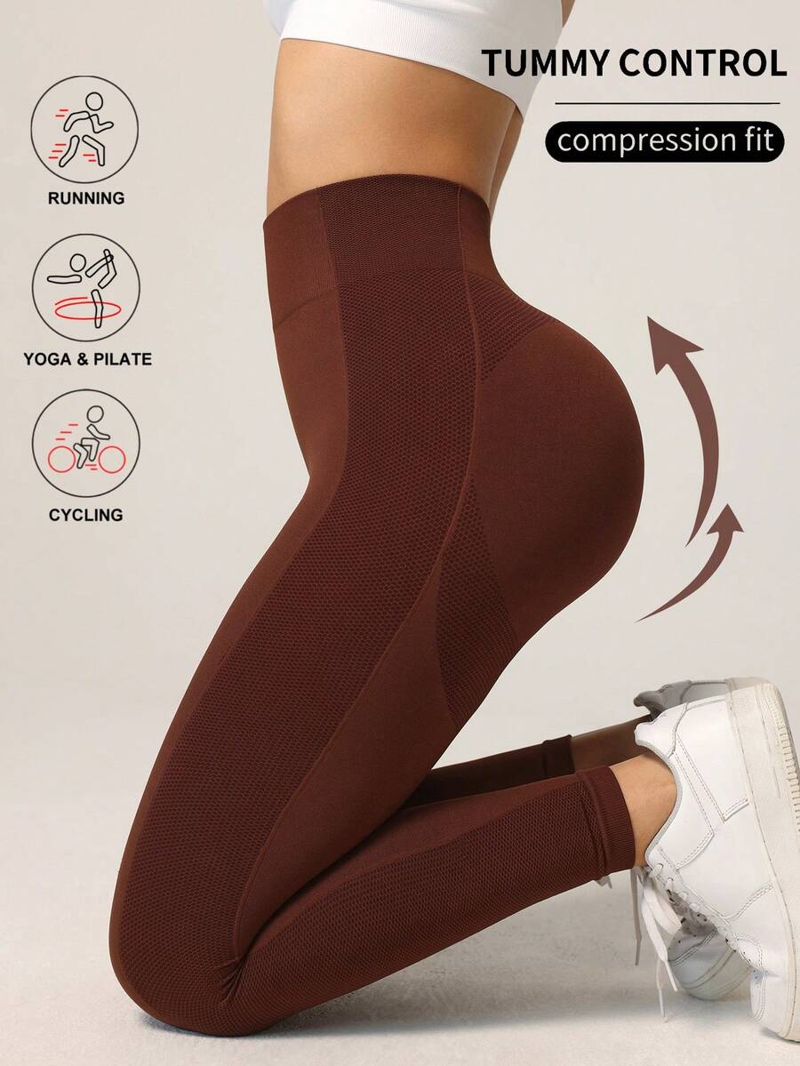 Seamluxe SHEIN Sport 纯色高腰紧身瑜伽裤 - 棕色 - 查看 1